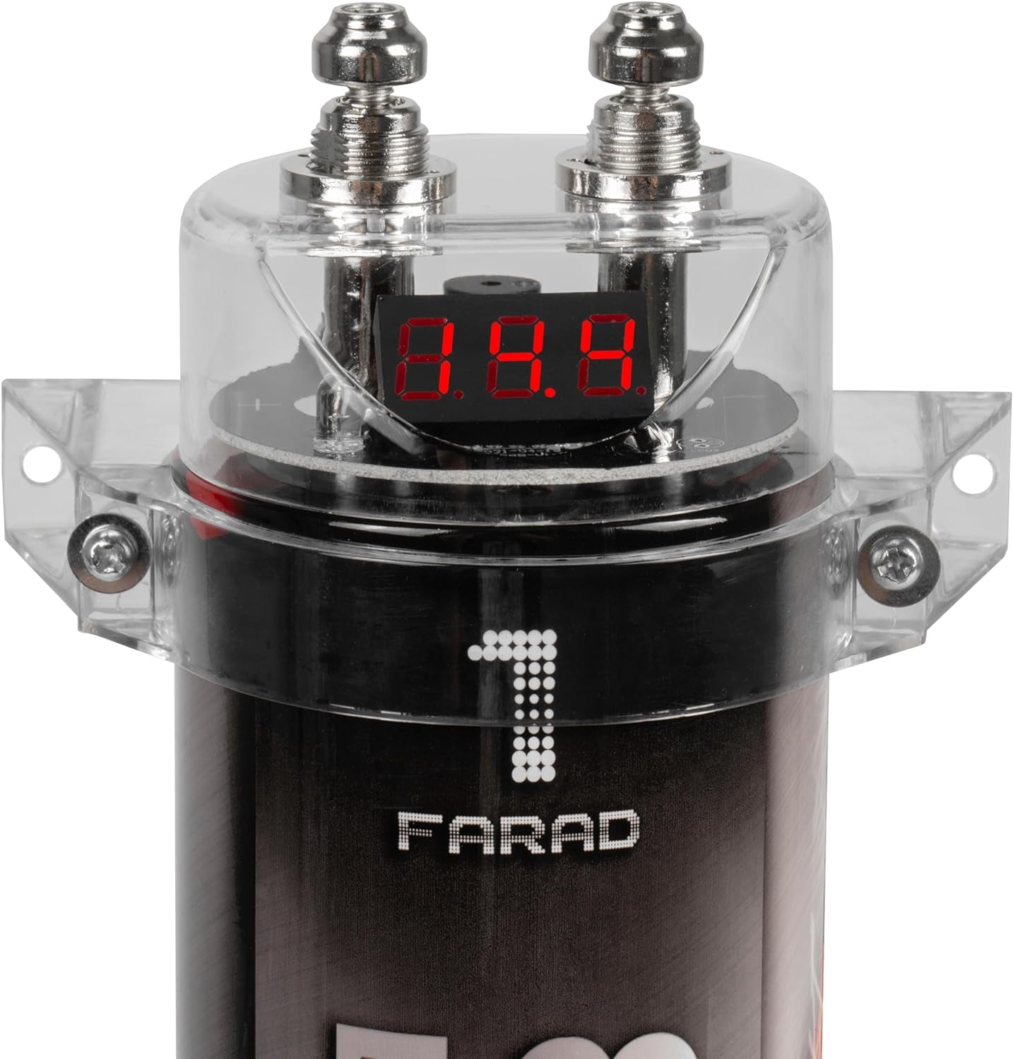 BB1D 1.0 Farad Car Audio Power Capacitor with Red Digital Voltage Display, Audible Warning Indicators, Clear Mounting Brackets, Automatic Shutoff Protection for Systems up to 1000W