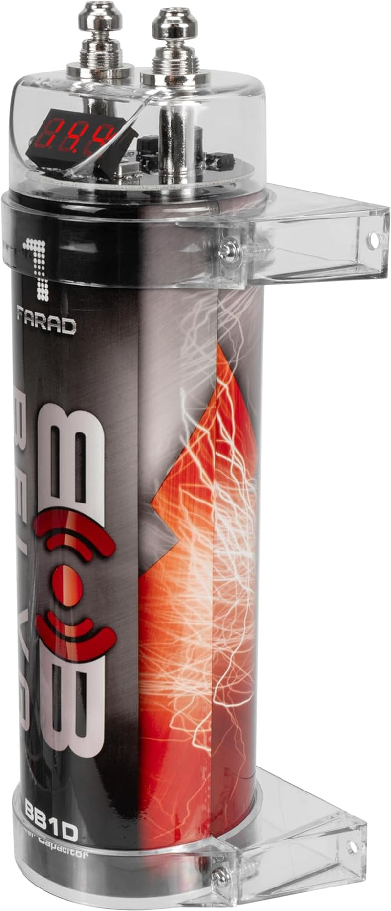 BB1D 1.0 Farad Car Audio Power Capacitor with Red Digital Voltage Display, Audible Warning Indicators, Clear Mounting Brackets, Automatic Shutoff Protection for Systems up to 1000W
