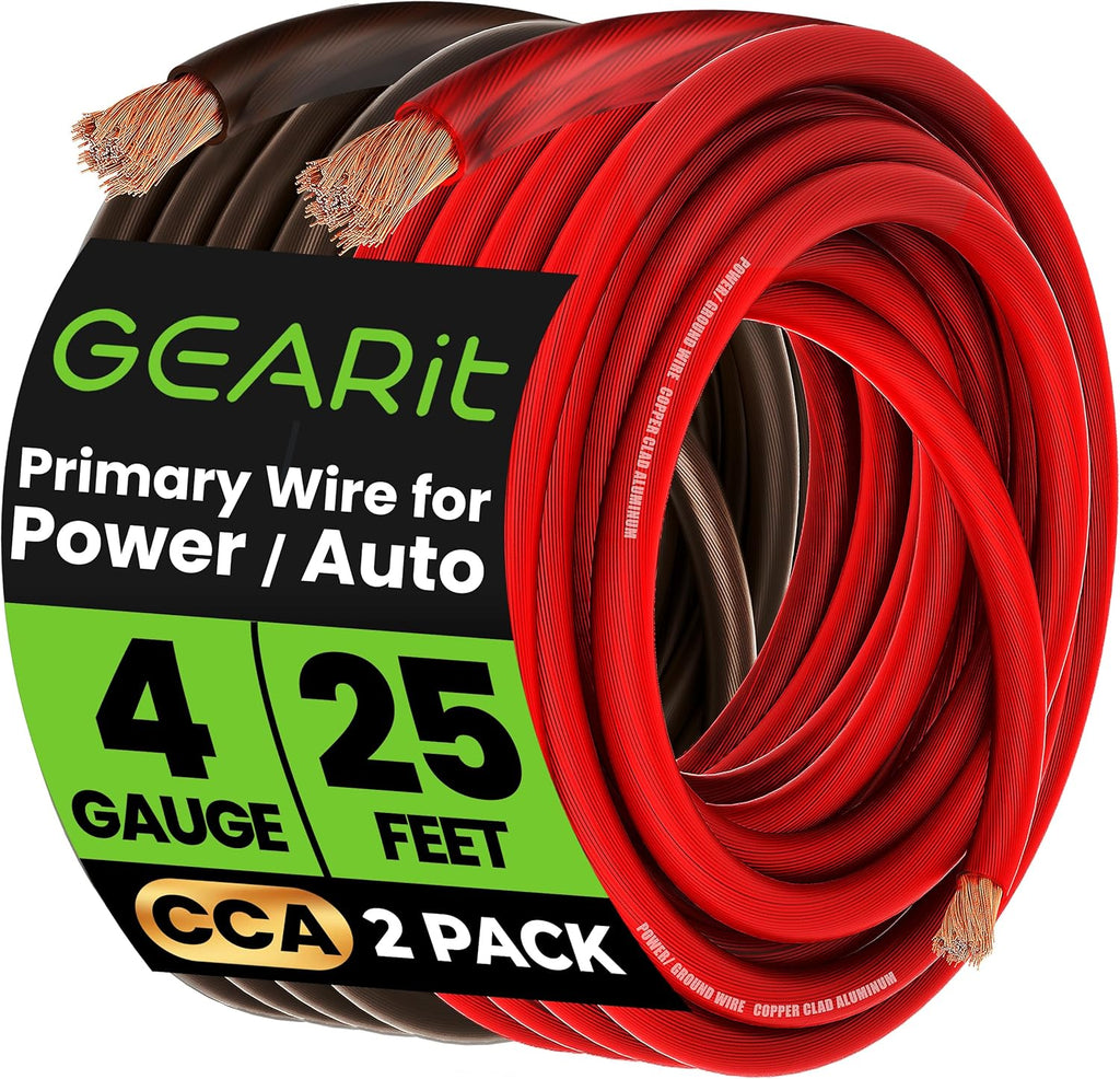 4 Gauge Wire, CCA Electrical Wire Extension Cord for Automotive Power/Ground, Battery Cable, Car Audio, RV, Amp Wiring Kit, (25 Feet Each- Black/Red Translucent)